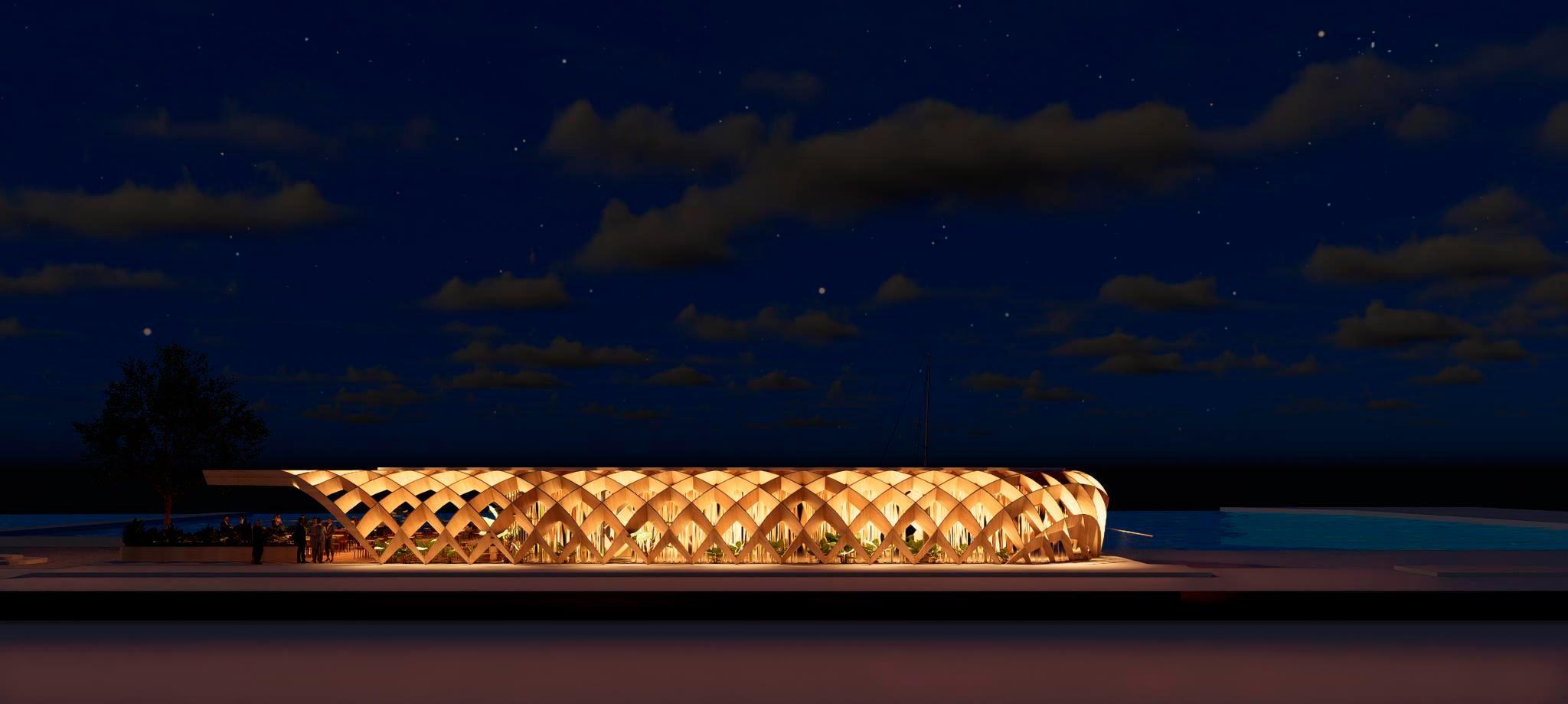 Night lighting concept for the Bar Pesquero pergola