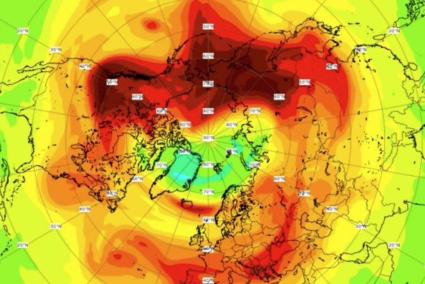 Diese Bild zeigt ein im März 2020 entdecktes Ozonloch über dem Nordpol.
