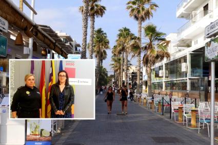 Die Bierstraße auf Mallorca. Kleines Bild: Palmas Sicherheitsdezernentin Joana Adrover (r.) mit einer Vertreterin der Lokalpolizei.